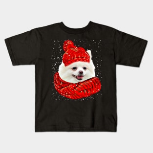 White Pomeranian Wearing Red Hat And Scarf Christmas Kids T-Shirt